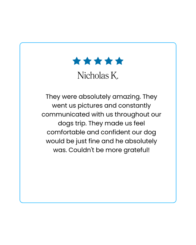 Review card with a 5-star rating, the name "Nicholas K.", and a testimonial about excellent service.