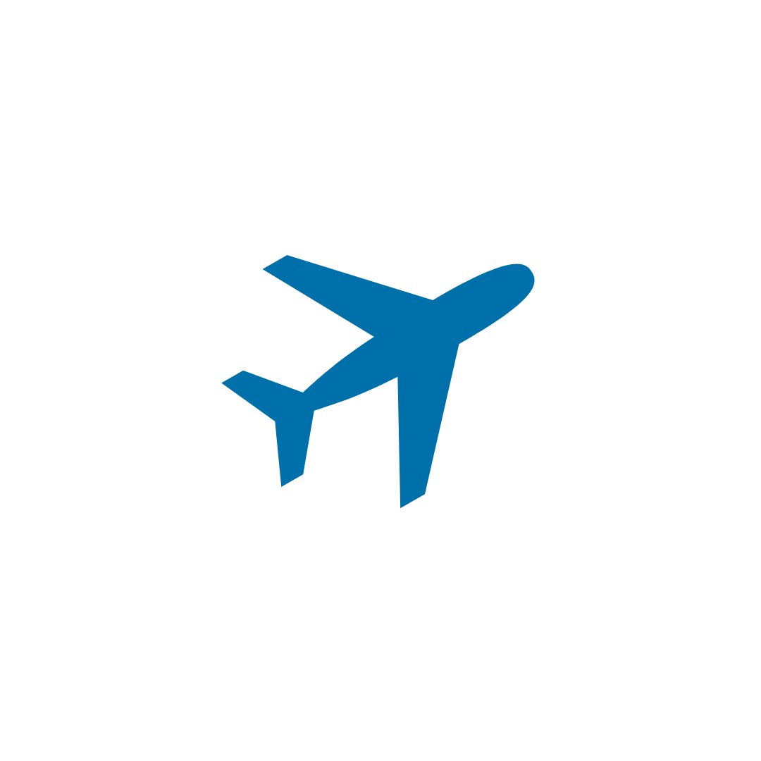 A blue airplane is flying in the sky on a white background.