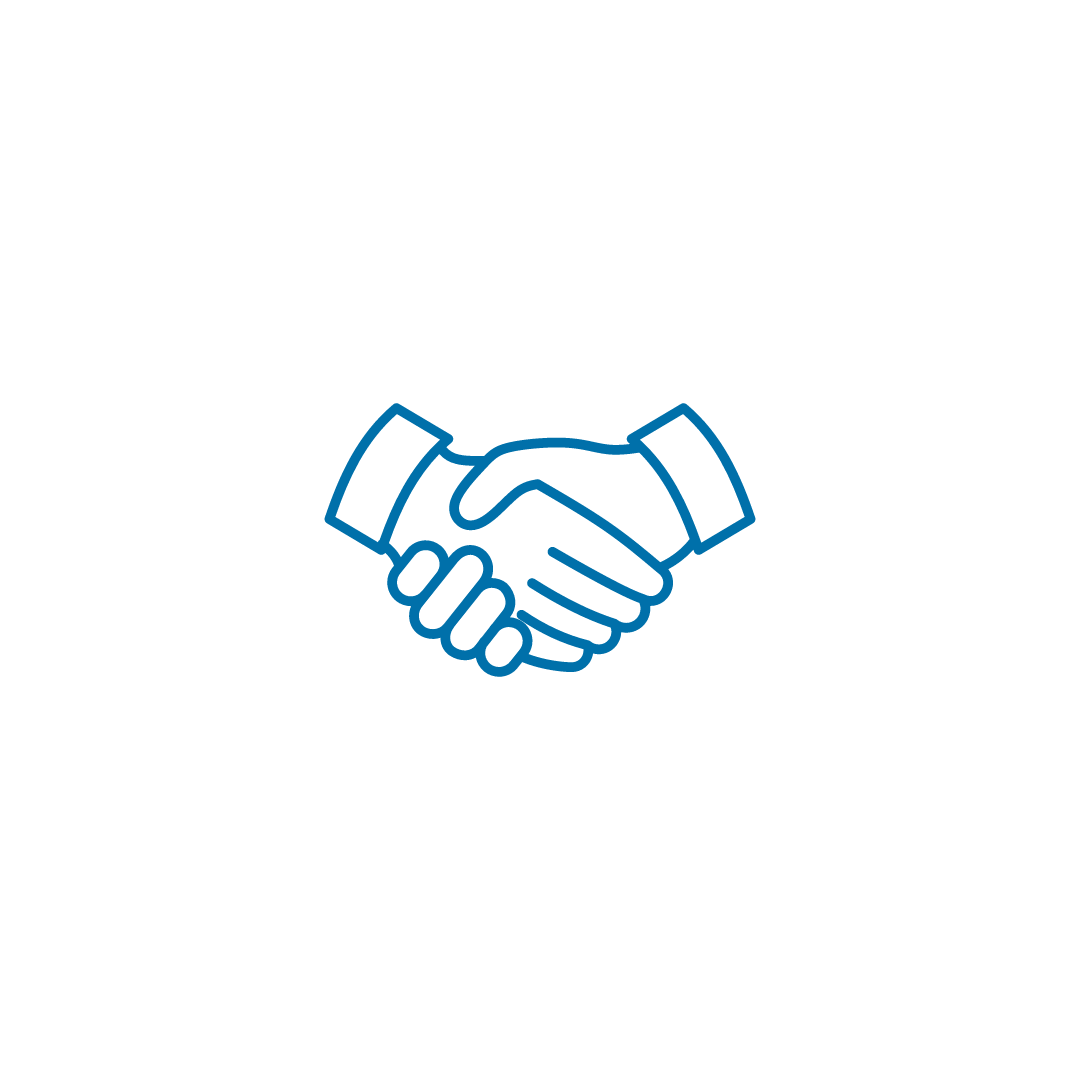A blue line drawing of two hands shaking each other on a white background.
