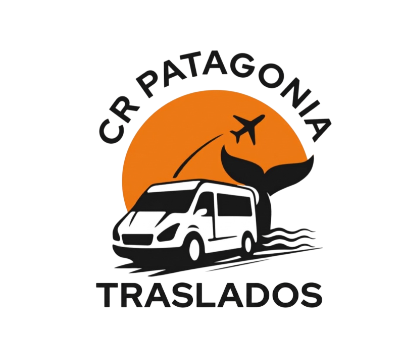 Logotipo de CR Patagonia Traslados con furgoneta blanca, sol naranja, avión y cola de ballena.