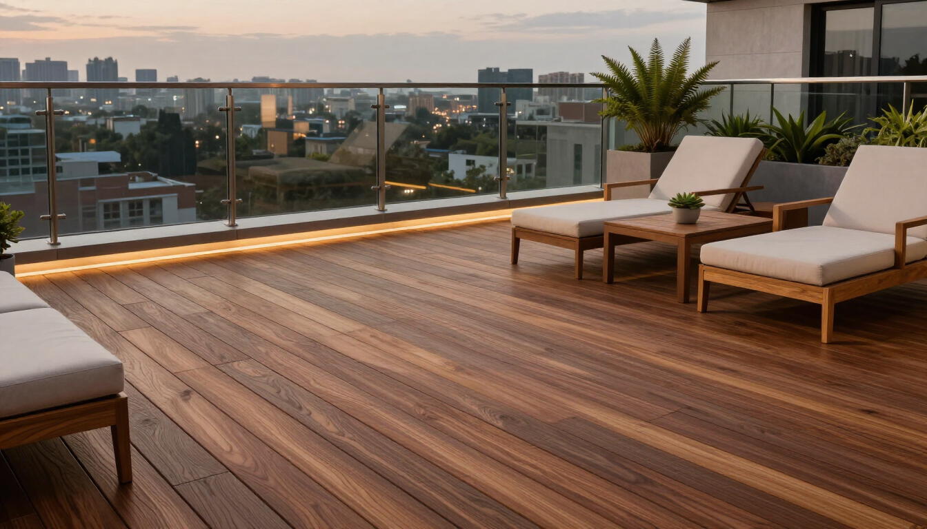Modern rooftop terrace with wooden deck, lounge chairs, glass railing, and city skyline at sunset