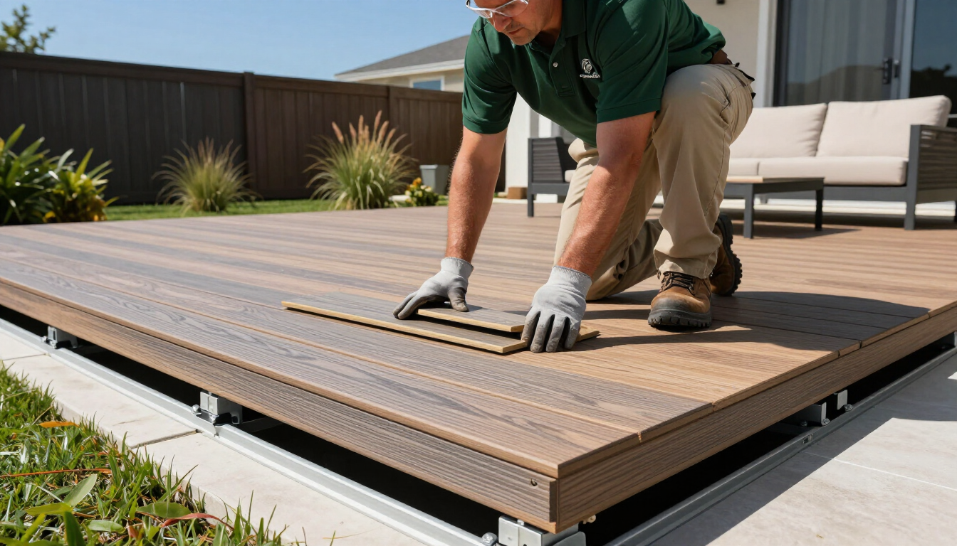 Worker installing composite decking on a backyard patio frame