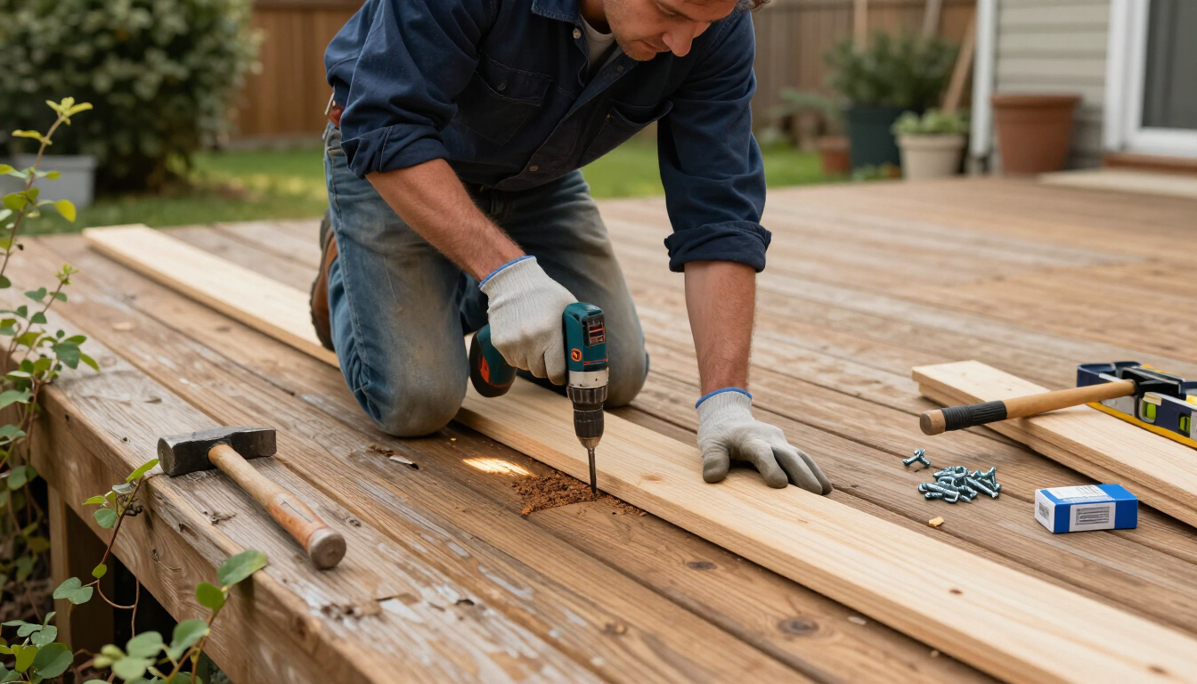 Worker using a circular saw on wooden deck boards outdoors, with tools and screws nearby