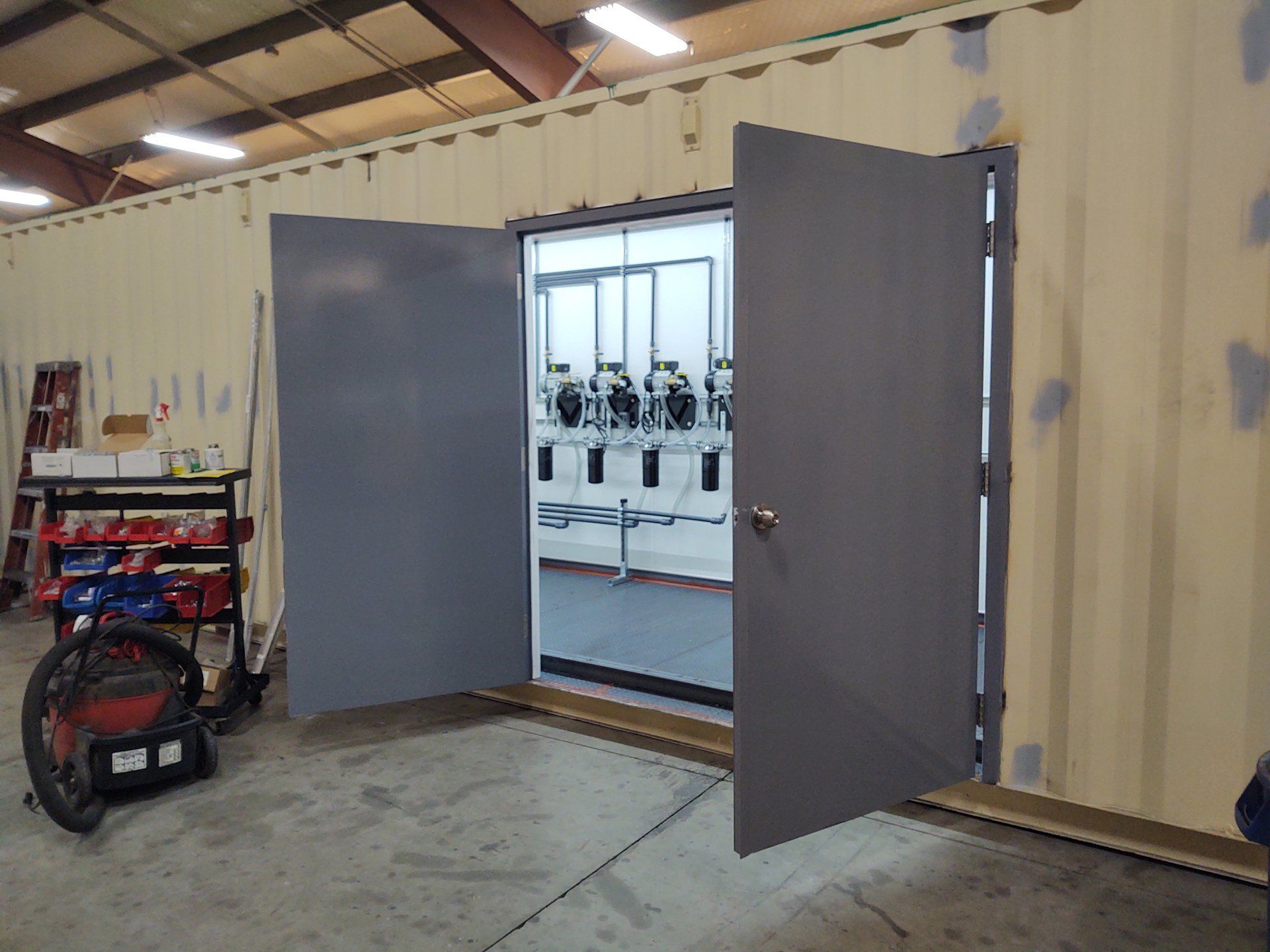 Open set of stainless steel doors.