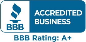 BBB Accredited Business logo with a blue rectangular background and white text, featuring an A+ rating below it.