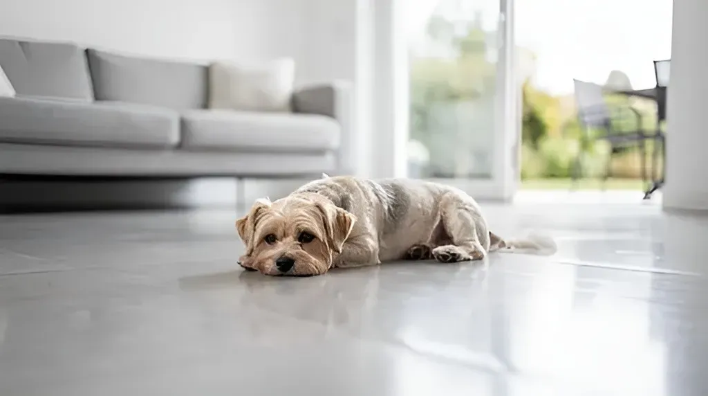A small dog is peacefully resting on a modern vinyl floor in a bright and clean pet-friendly apartment. This friendly apartment in Blacksburg, VA, is perfect for pet owners looking for comfort and accessibility.