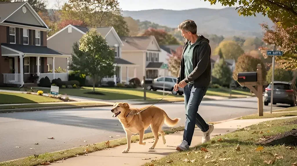 Dog walking with owner in pet-friendly neighborhood in Blacksburg, Virginia.