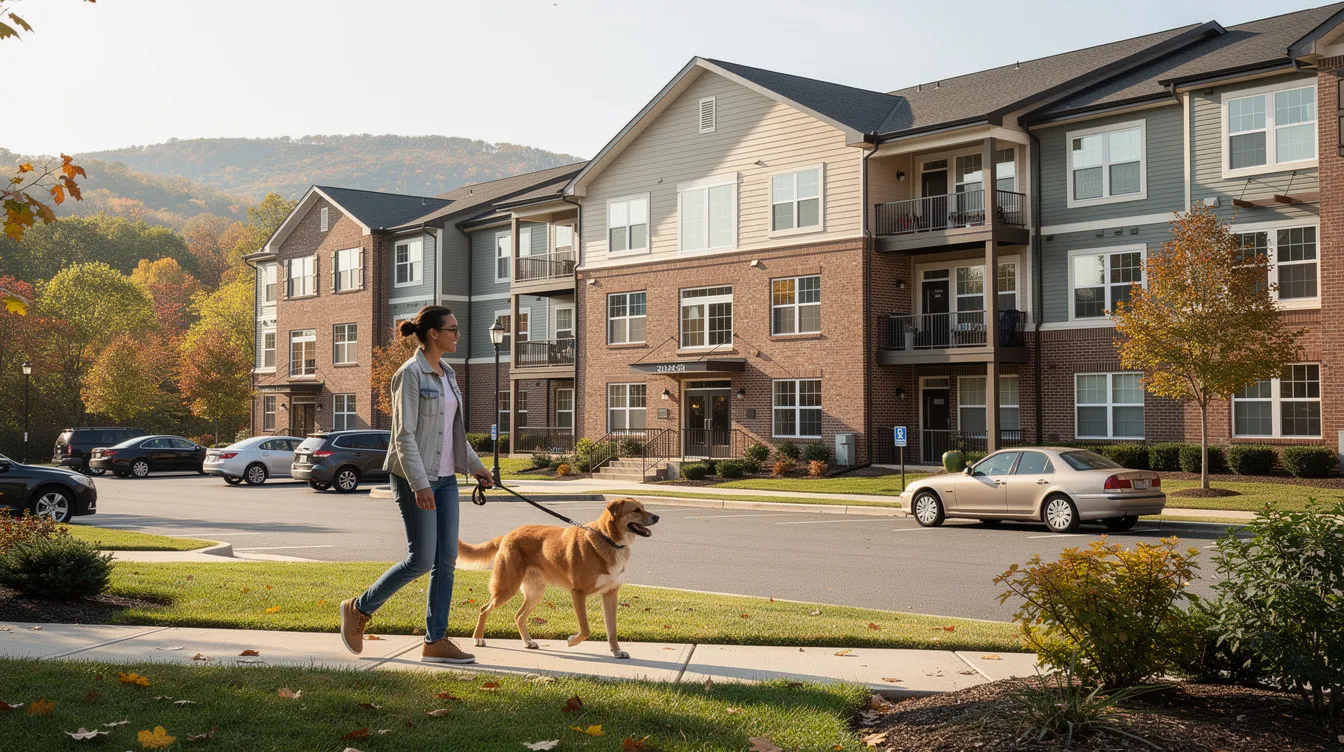 A dog walking with its owner near a pet-friendly apartment complex in Blacksburg, Virginia.
