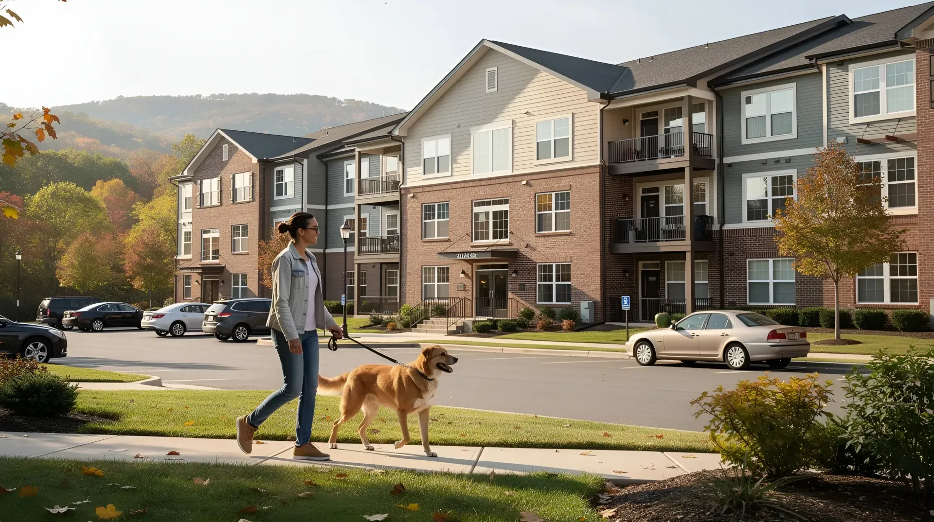A dog walking with its owner near a pet-friendly apartment complex in Blacksburg, Virginia.