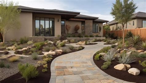 A stone walkway curves through a desert-landscaped front yard toward a modern, single-story beige house.