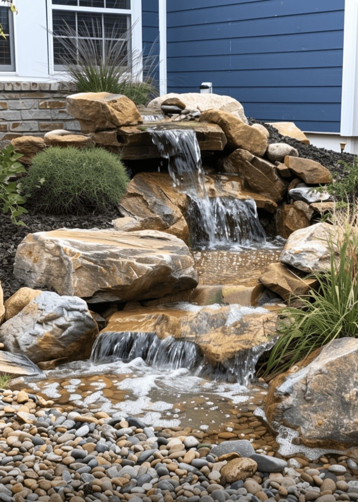 Clear water flows from a rustic wooden chute into a weathered stone trough set against a rocky background.