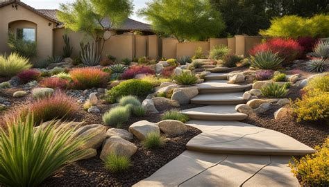 A stone walkway leads through a vibrant xeriscape garden with desert plants, large rocks, and a home in the background.