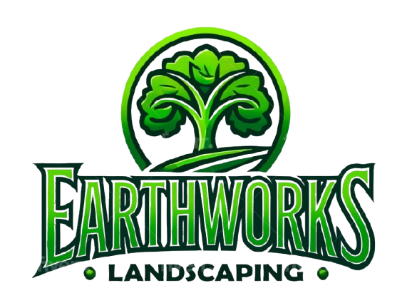 Logo for Earthworks Landscaping featuring a stylized green tree inside a circle above the company name in green text.