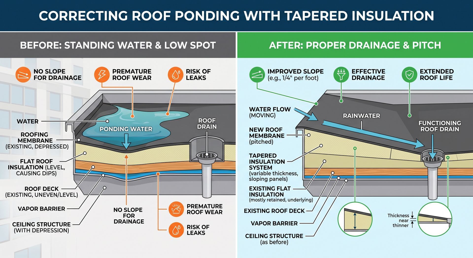  Diagram comparing flat roof drainage before and after tapered insulation installation.
