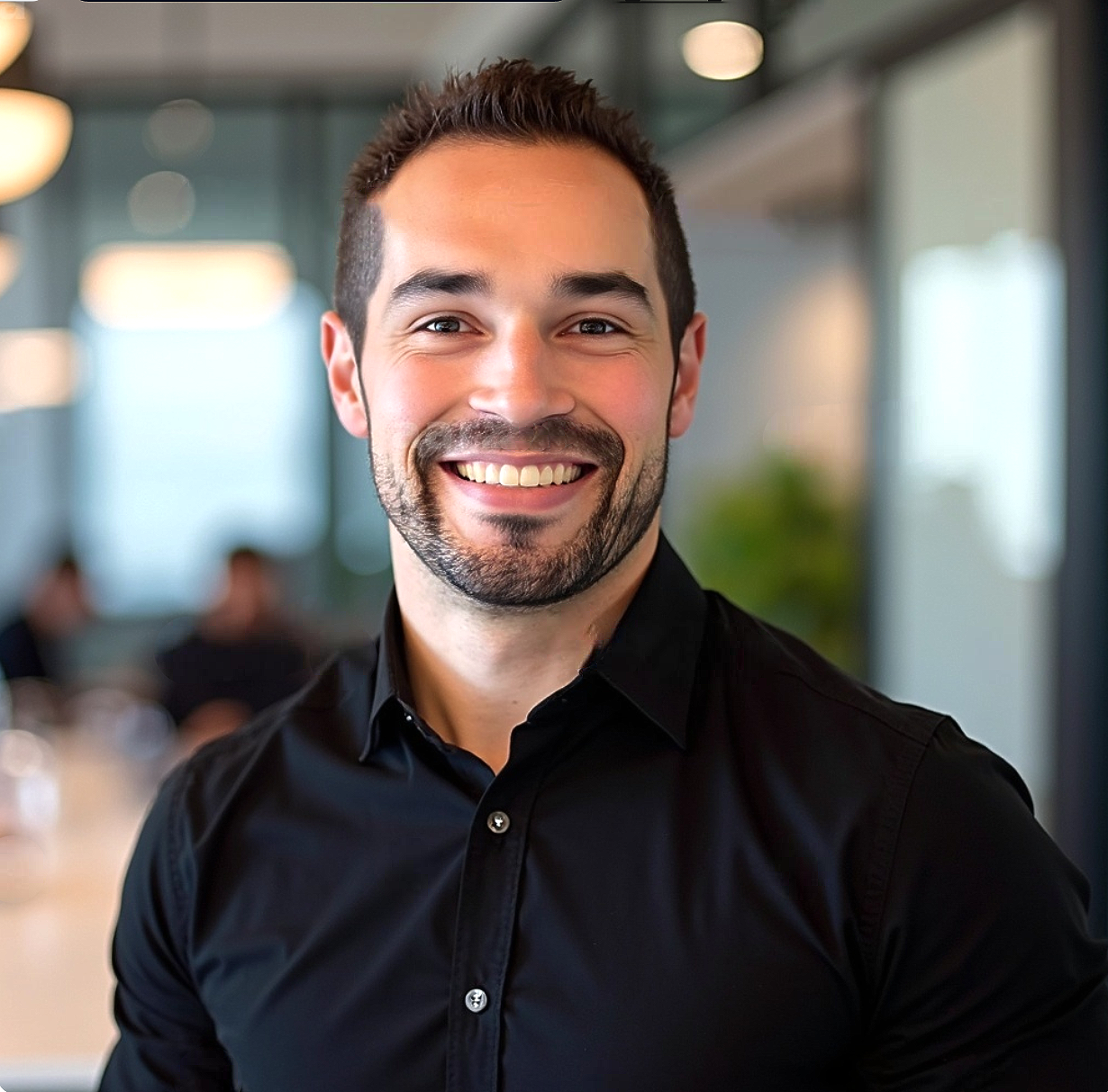 A smiling person with a beard, wearing a black button-up shirt, standing in a blurred office setting.