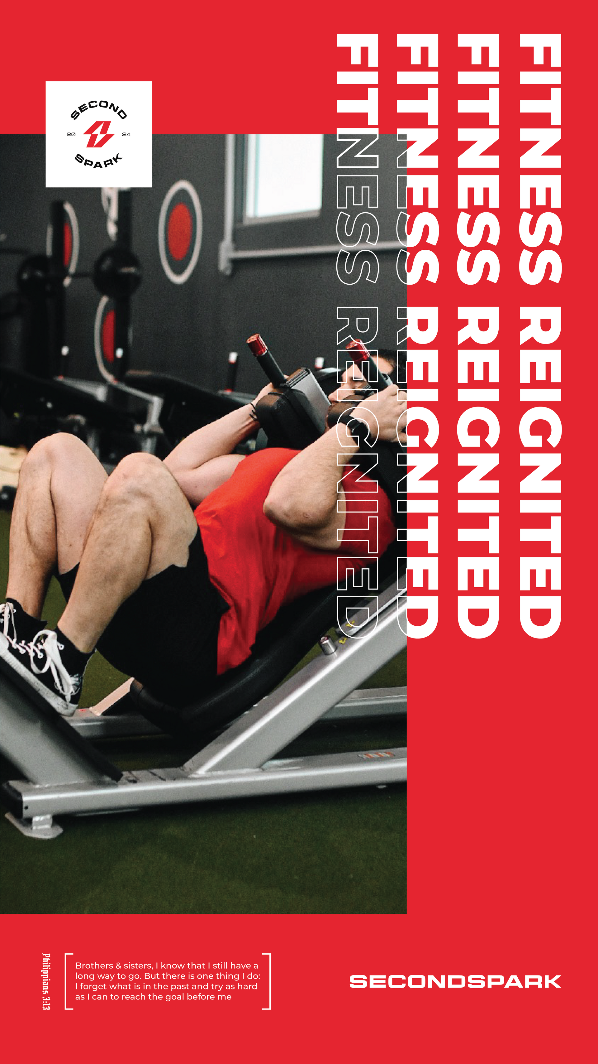A person in a red shirt performs a leg press in a gym. The image features red side panels with repeated 