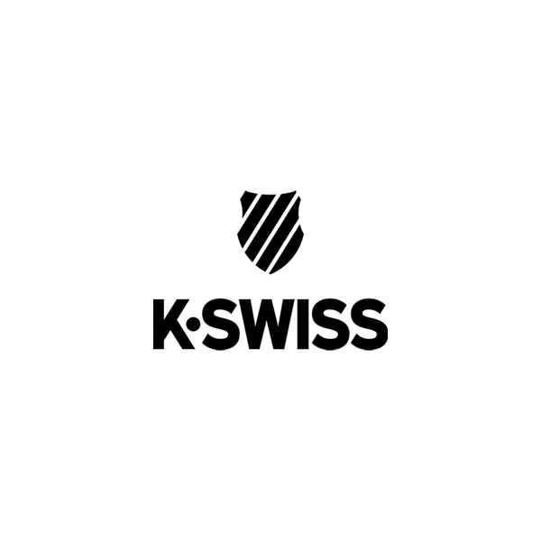 The K-Swiss logo, featuring a shield icon with five diagonal stripes above the black text 