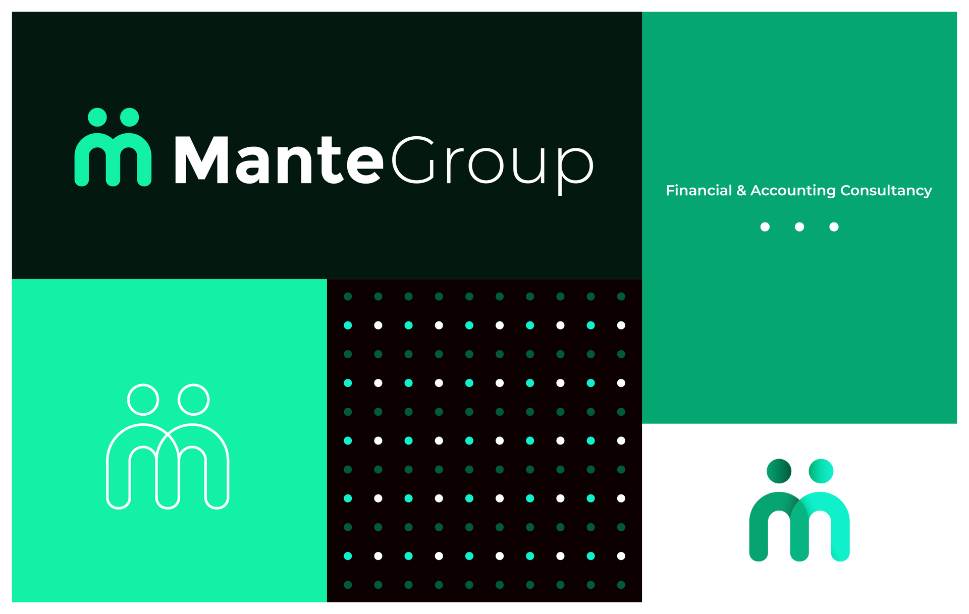 A branding board for ManteGroup, featuring a mint green and black logo, typography, and patterns for an accounting firm.