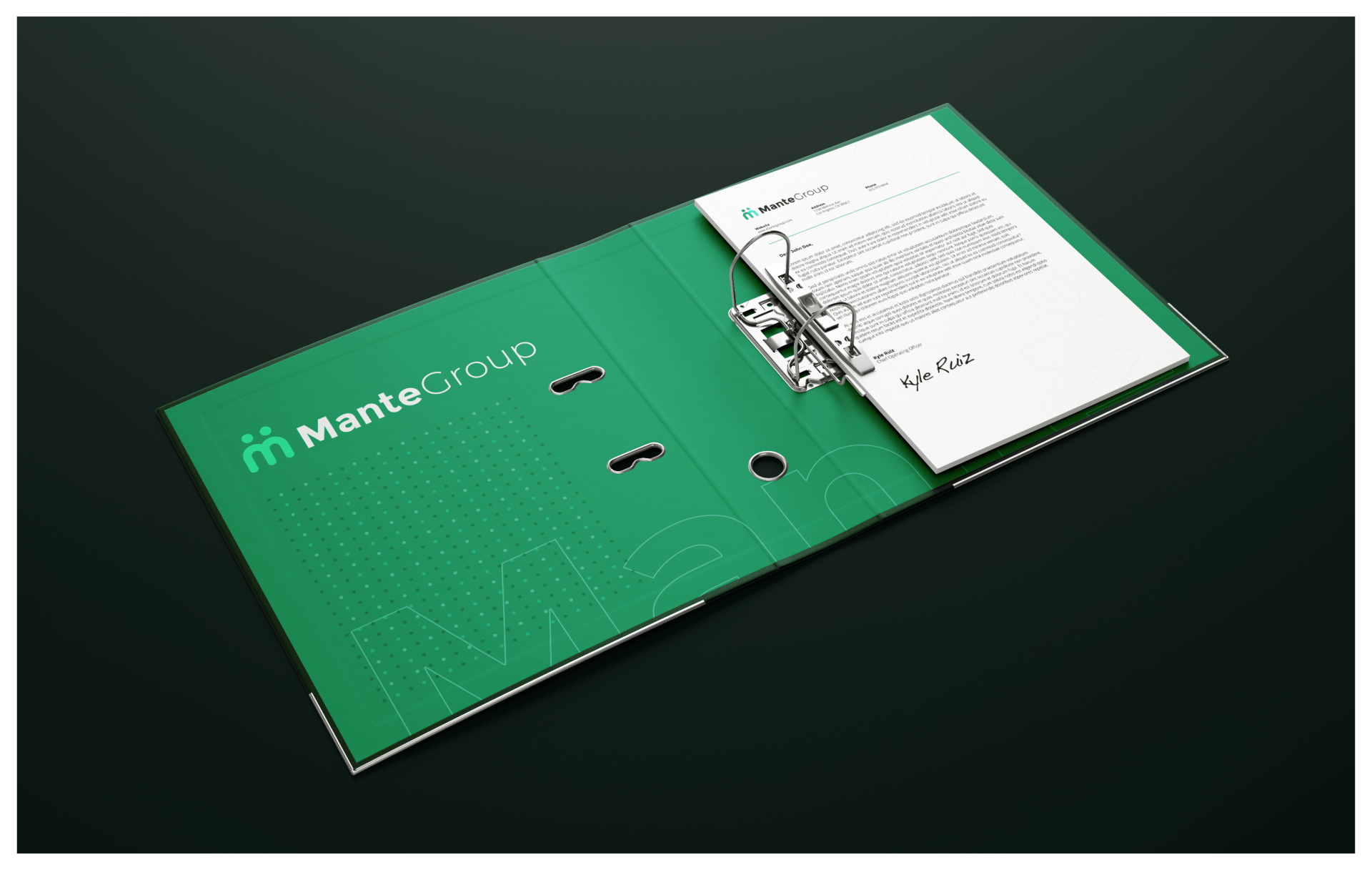 An open green MantaGroup branded ring binder holding documents, set against a dark background.