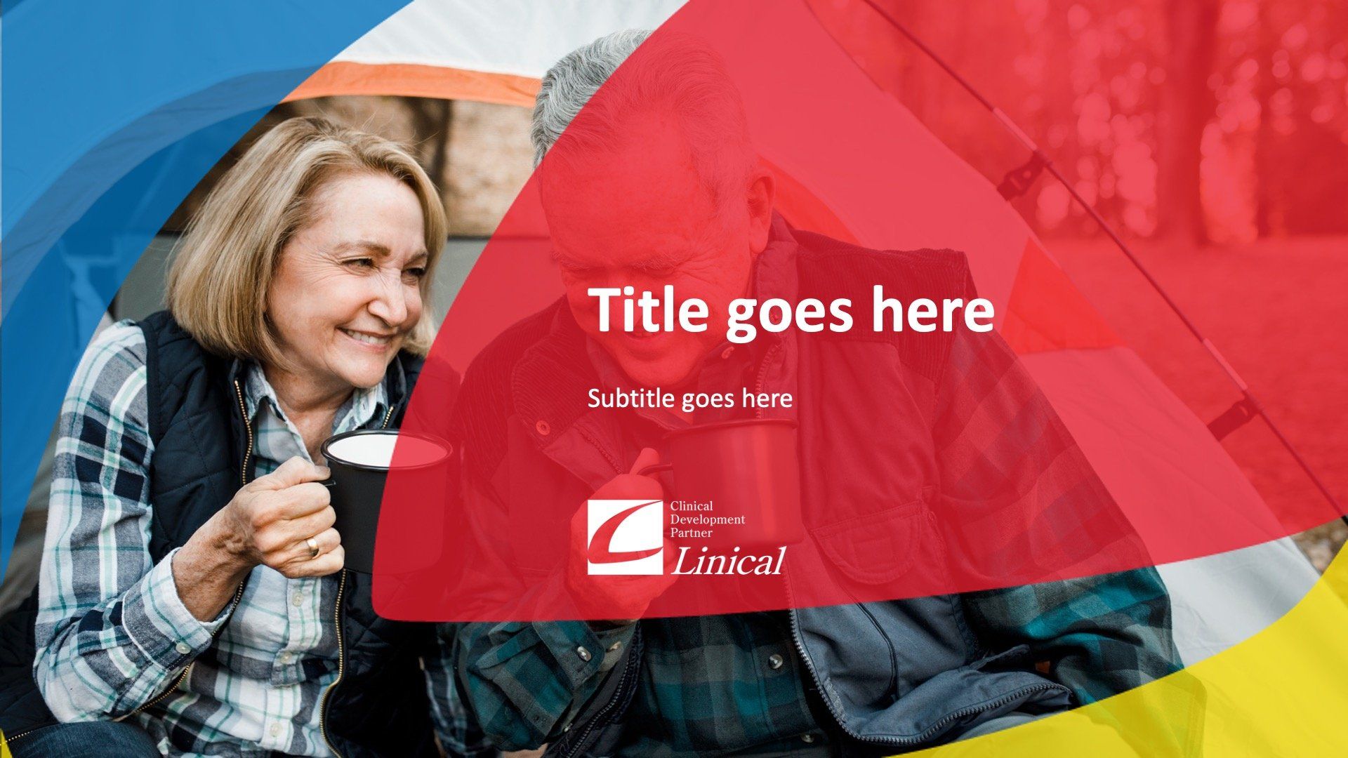 A couple enjoys coffee outside a tent, overlaid with a red triangle containing placeholders for text and a corporate logo.