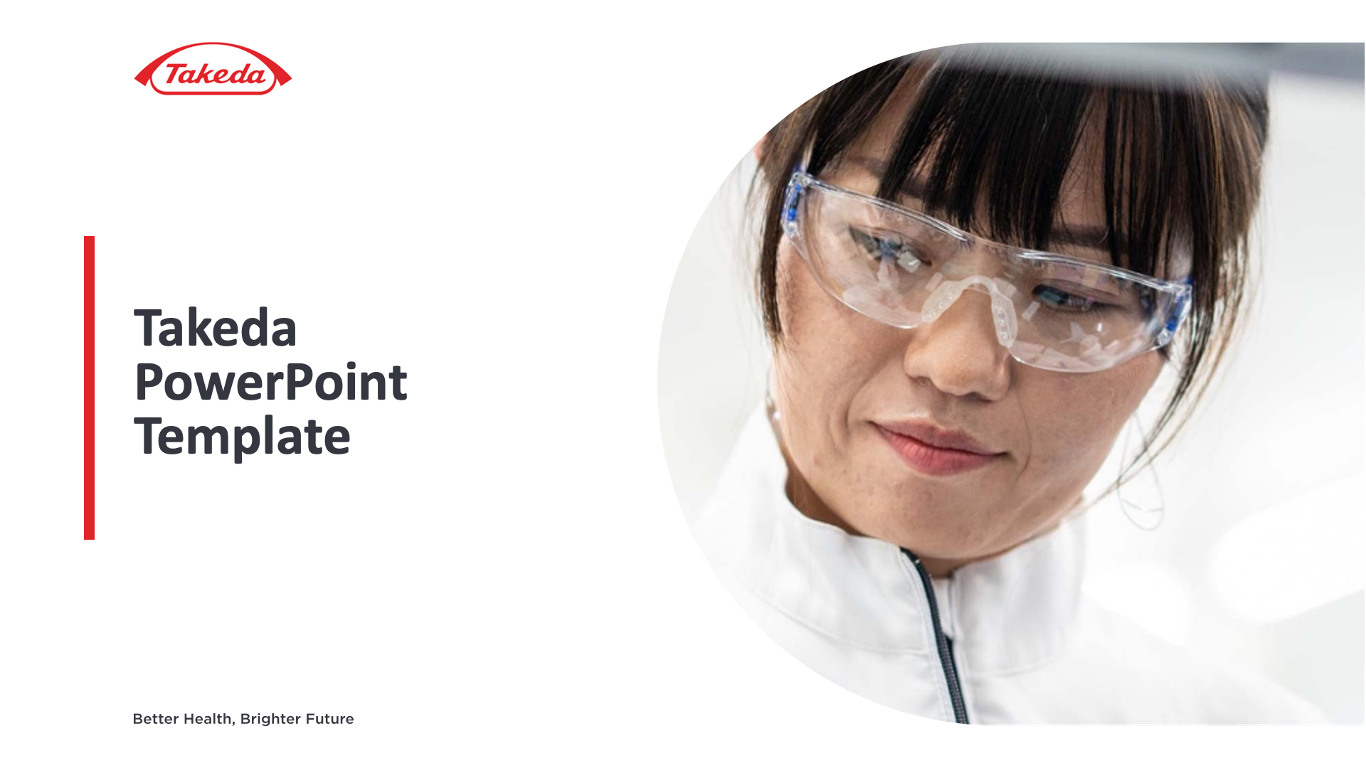 Takeda PowerPoint template title slide showing a person wearing laboratory safety glasses.