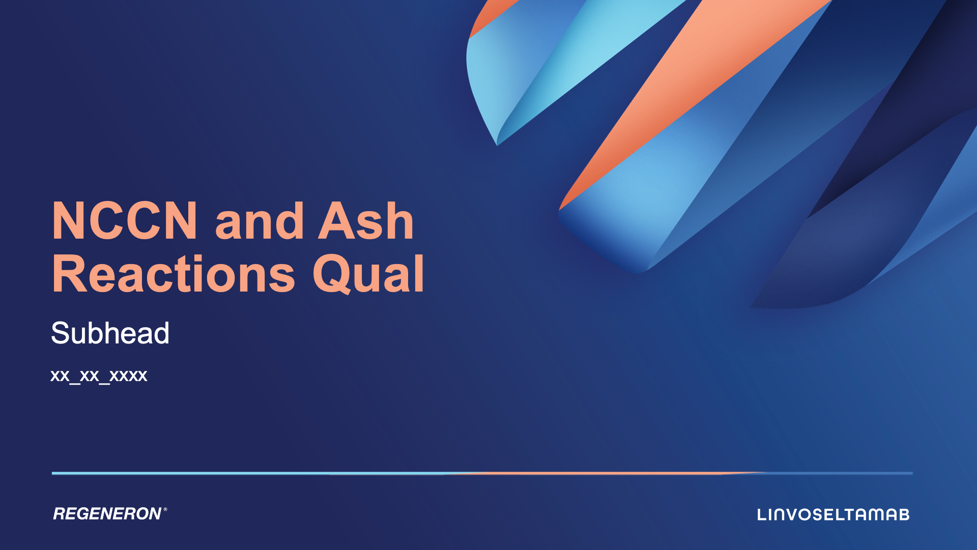 A presentation title slide with a blue background, geometric orange and blue accents, and text 
