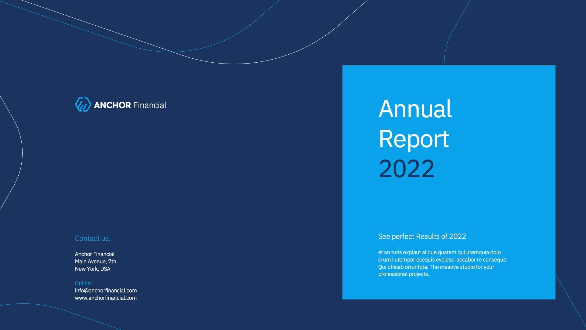 Anchor Financial 2022 Annual Report cover with a bright blue text box on a dark blue background with abstract line art.