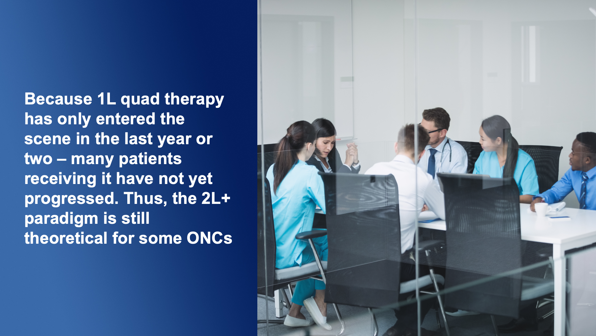 A group of professionals sits at a conference table with text about medical treatment paradigms on the left.