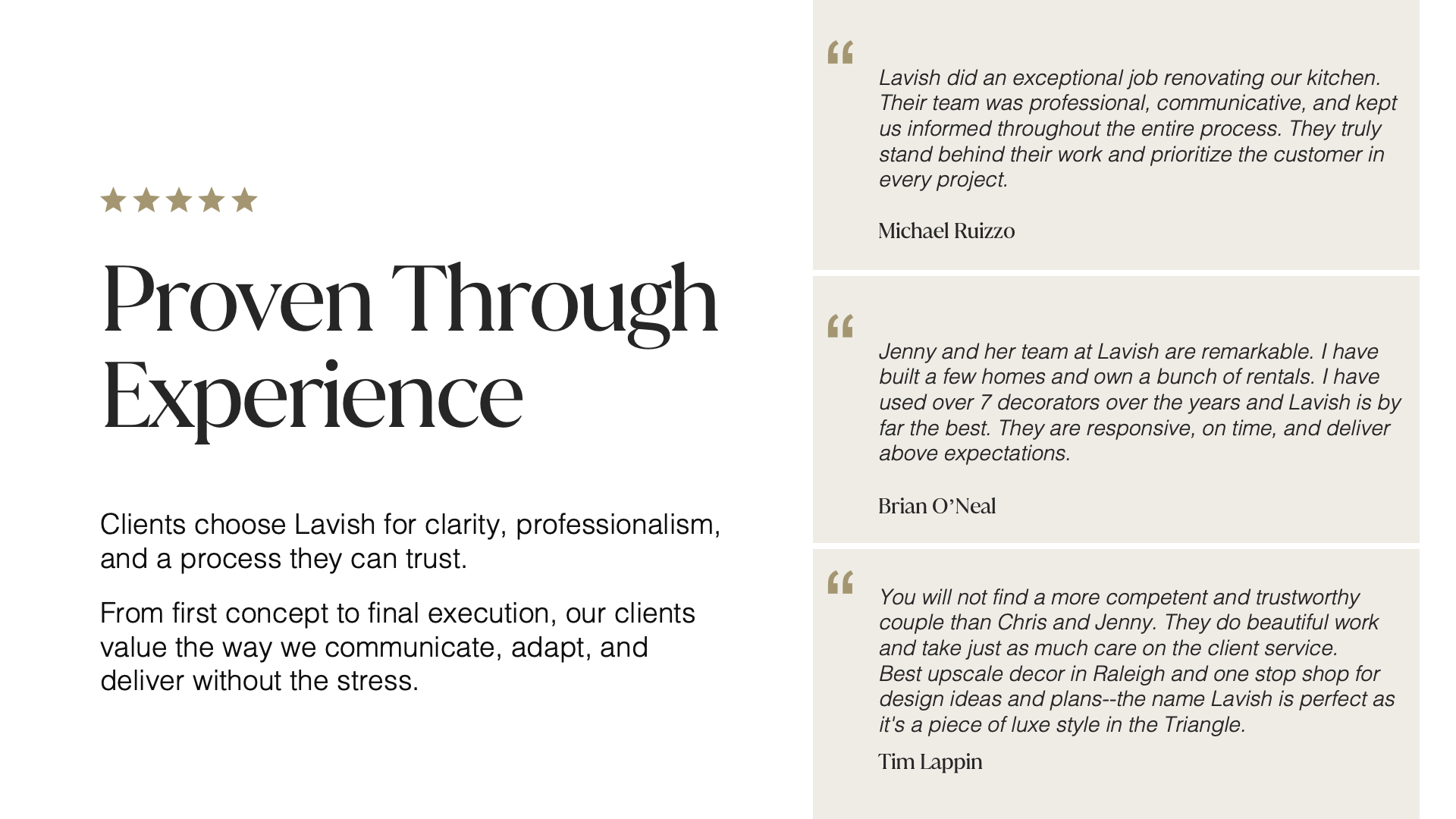 Client testimonial section featuring a five-star rating, the title 