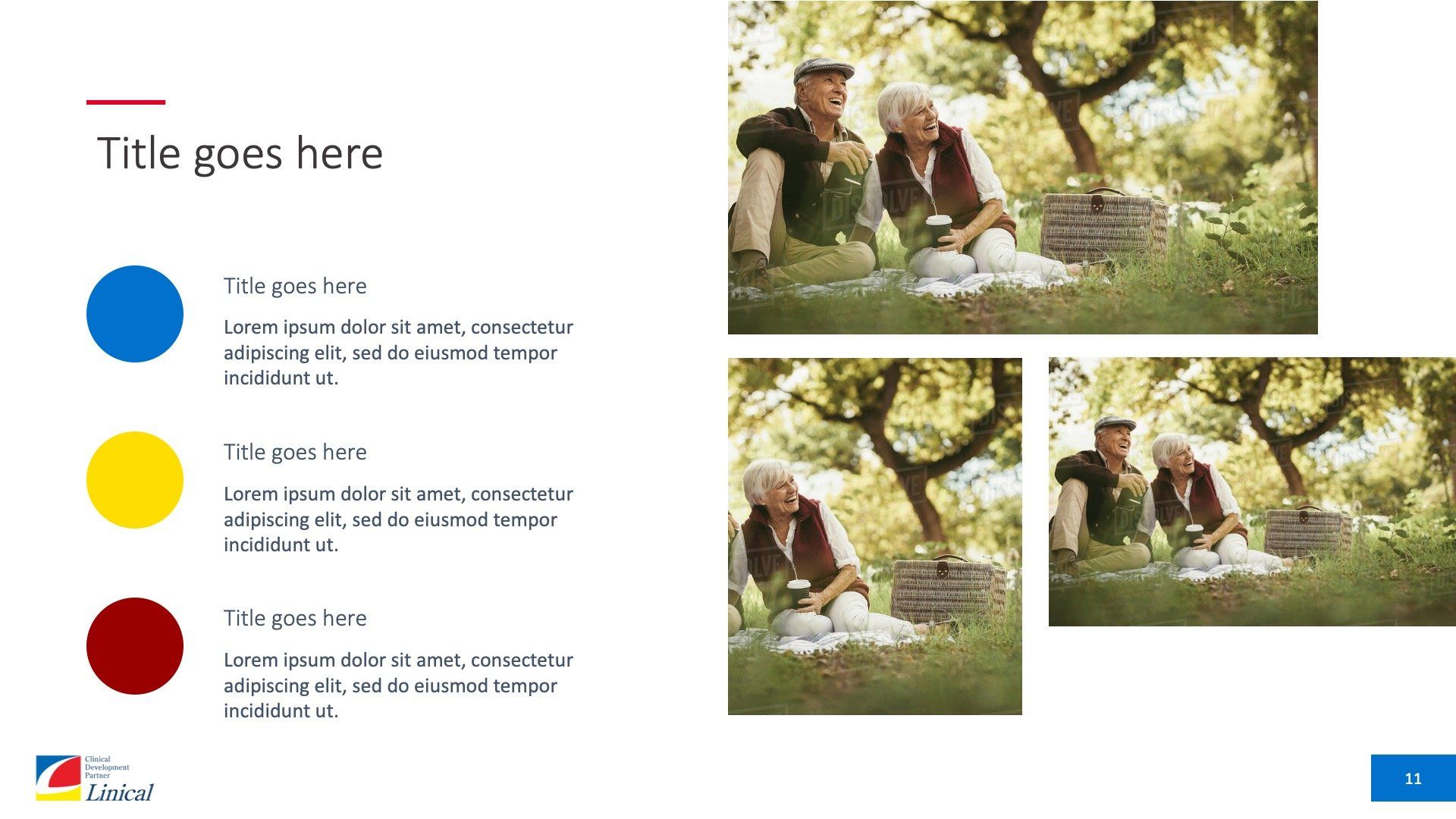 A presentation slide featuring a placeholder title, a list with three bullet points, and three photos of people picnicking.