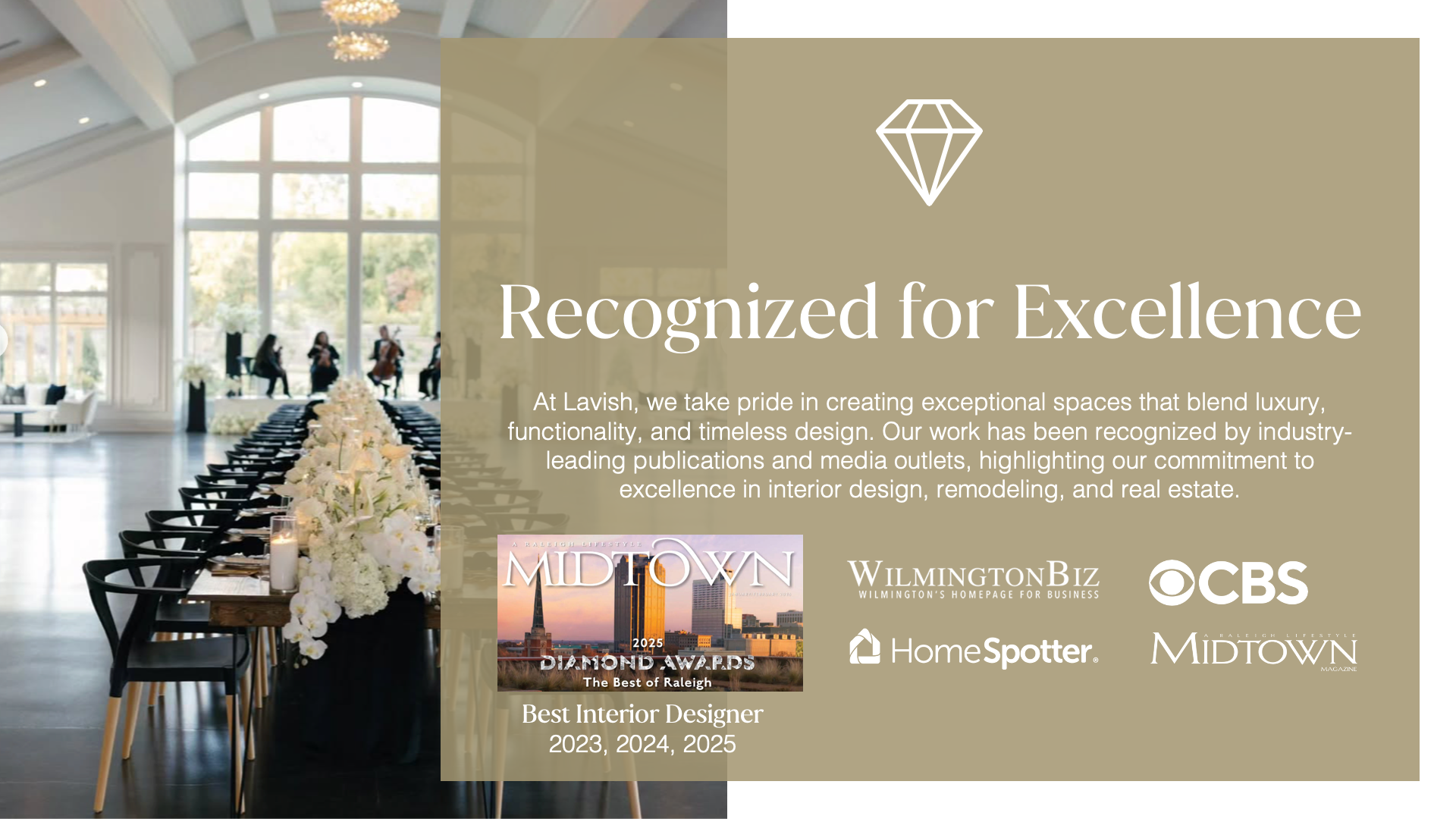 A dining room with white flowers and a text overlay detailing design awards from Midtown Magazine, CBS, and HomeSpotter.