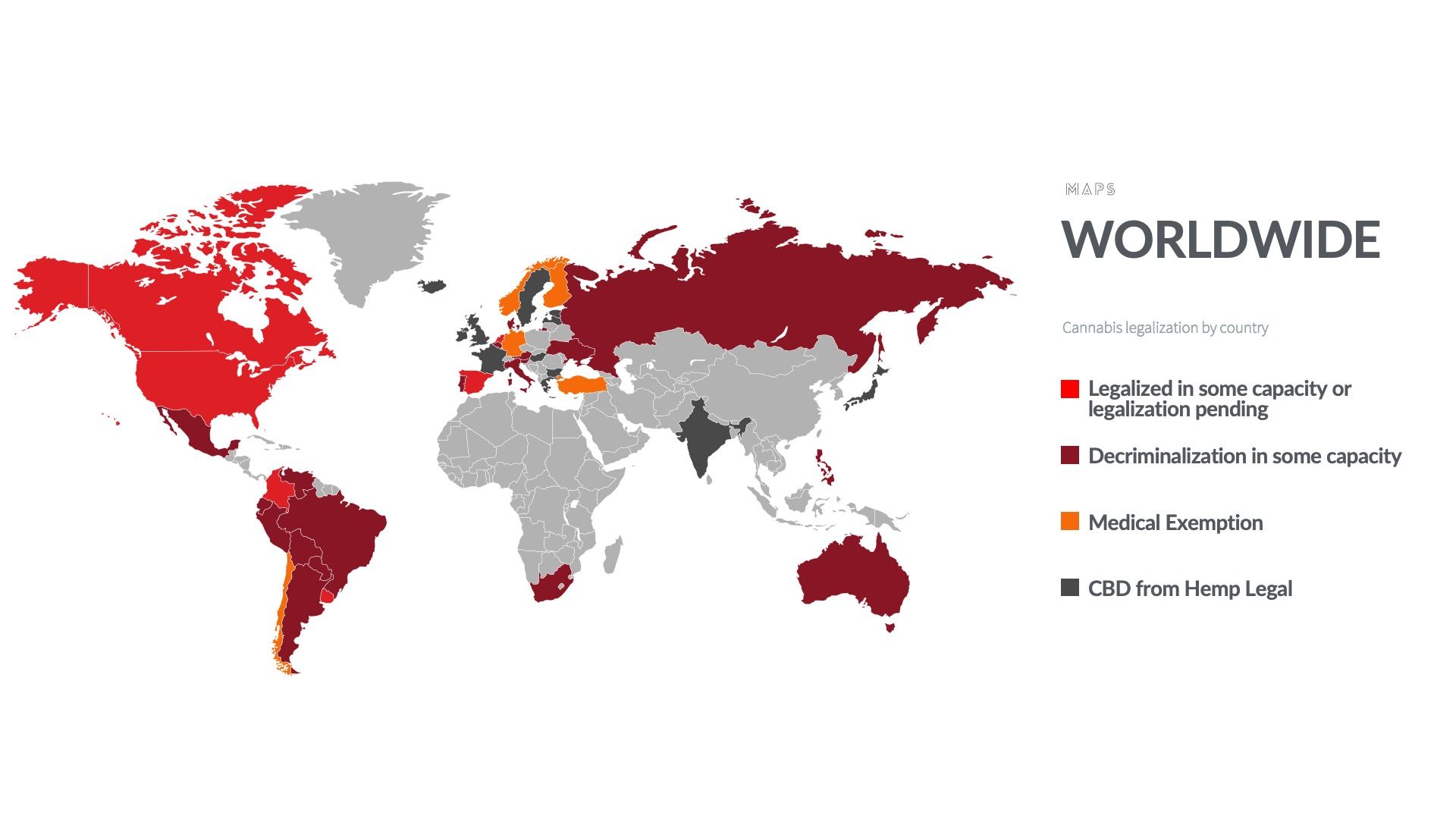 A world map color-coded by the legal status of cannabis, showing regions with legalization, decriminalization, or CBD use.
