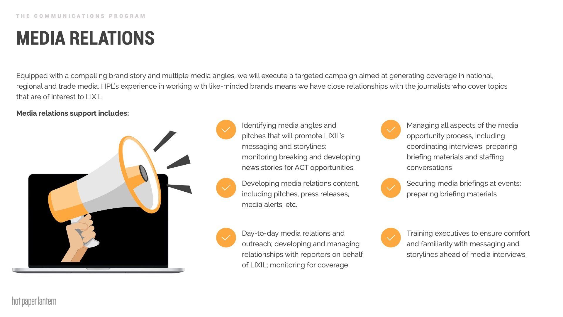 Media Relations slide showing a megaphone graphic and six bullet points about communication services.