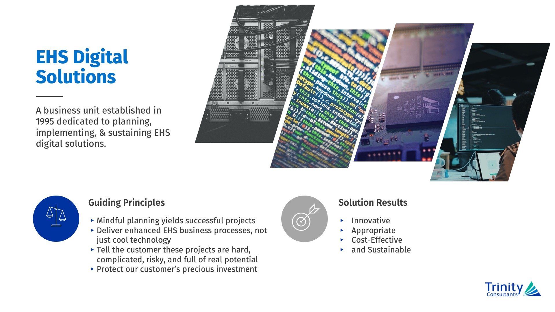 Presentation slide for Trinity Consultants EHS Digital Solutions, listing guiding principles and outcome goals.