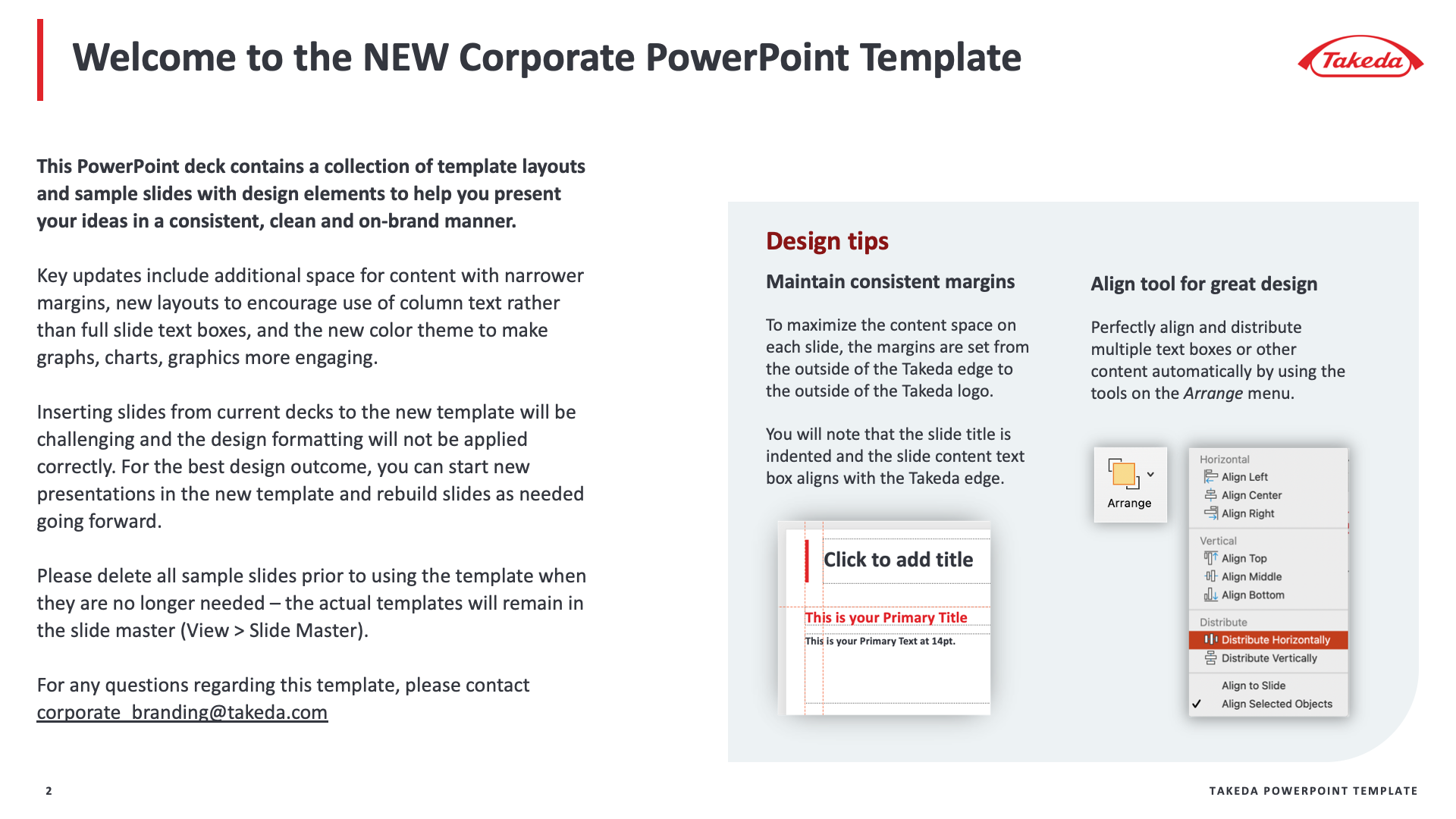 An instructional slide for a new corporate PowerPoint template, featuring design tips and a guide for Slide Master usage.