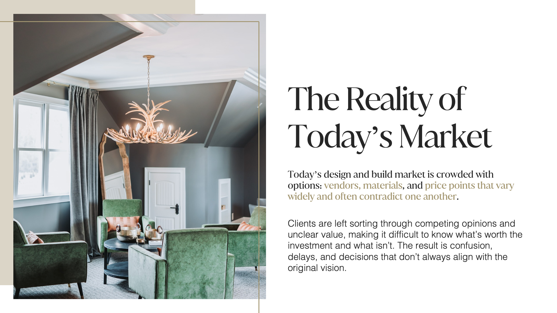 A stylish, modern room with green velvet chairs and a unique branching chandelier, next to text about design market trends.