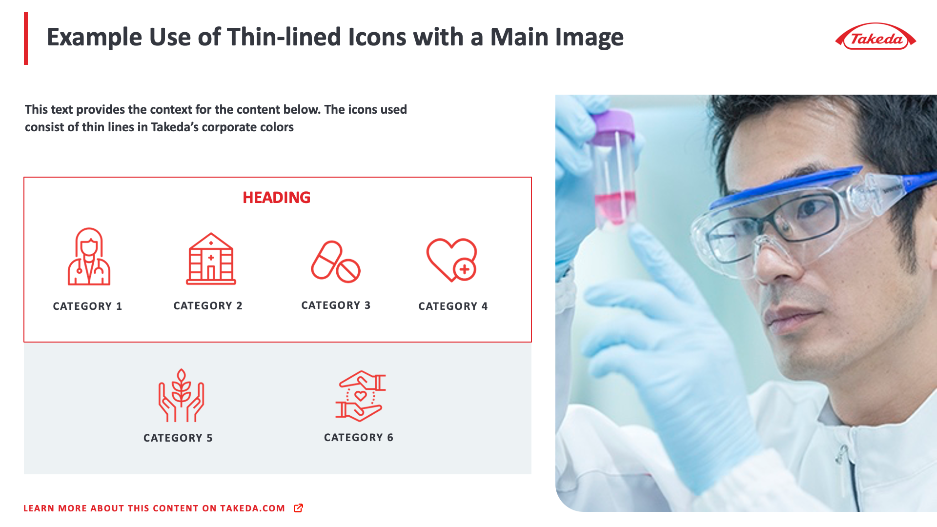 A slide displays thin-lined red icons categorized under 