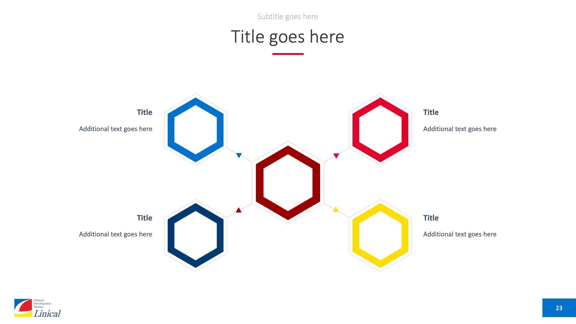 Slide showing a central hexagon connected to four outer hexagons in blue, red, and yellow with placeholder text.