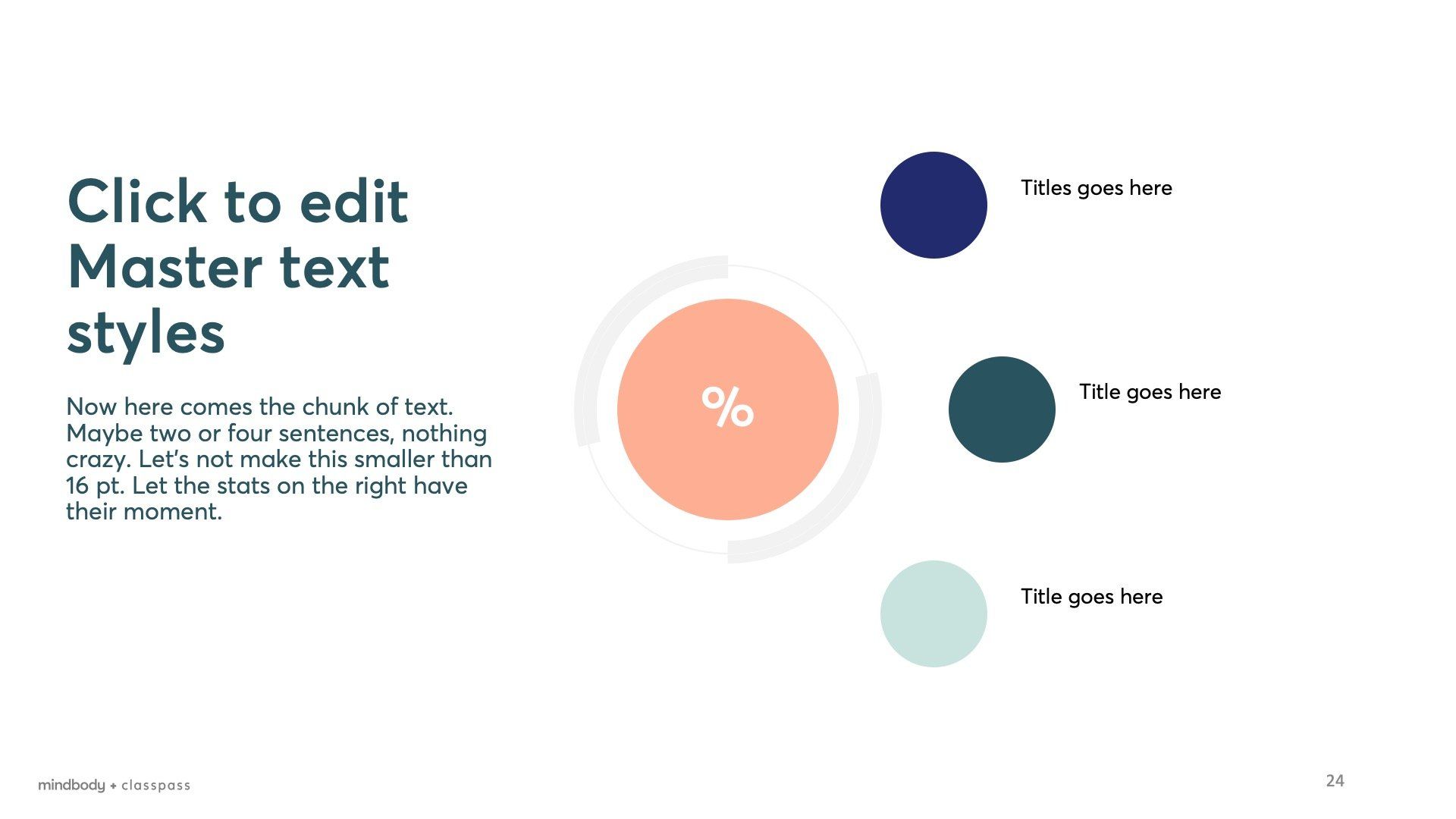 A presentation slide featuring a large orange circle with a percentage sign, next to three colored circles and placeholder text.