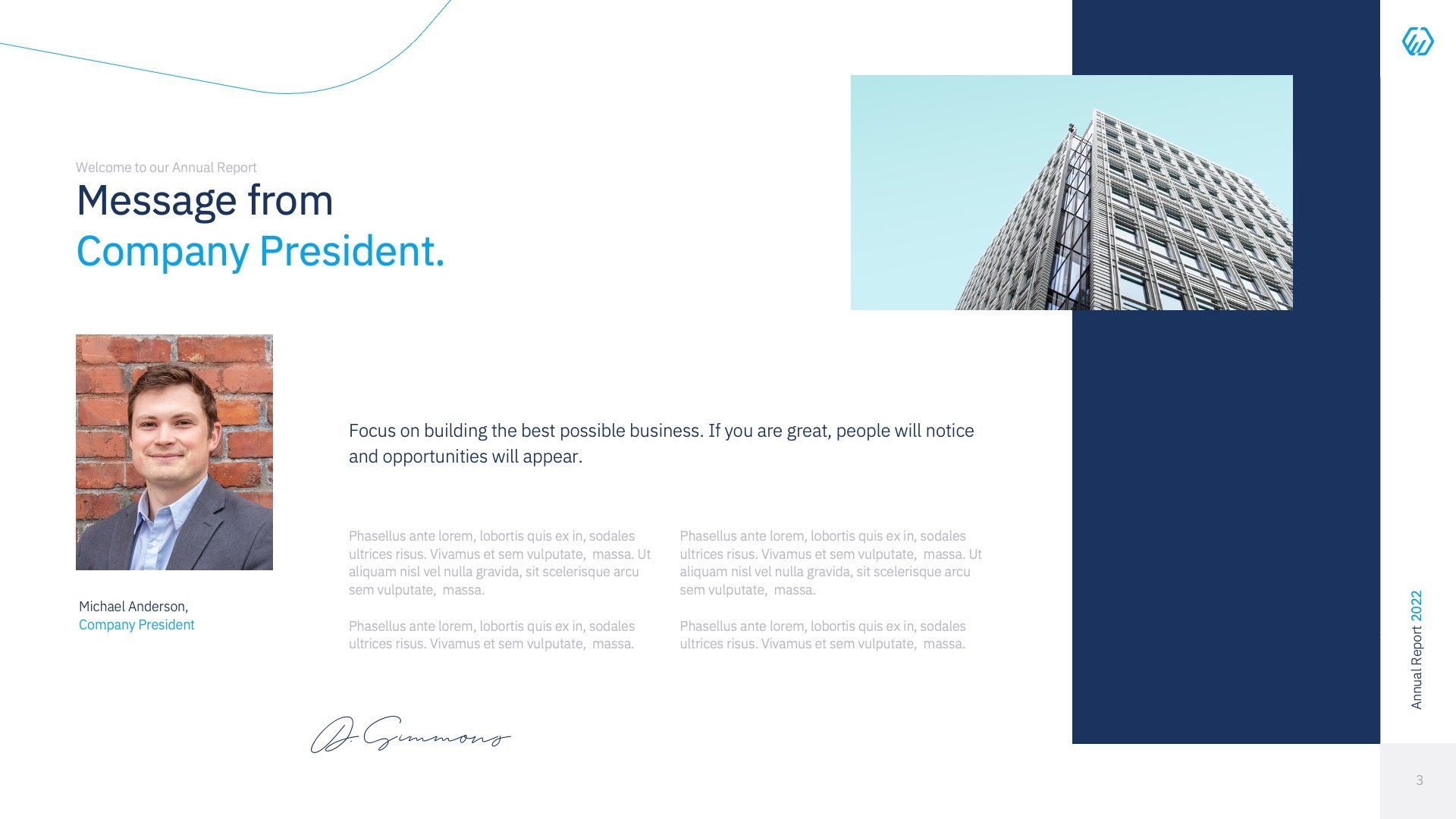 President's message slide with a professional headshot, a building exterior graphic, and placeholder company text.