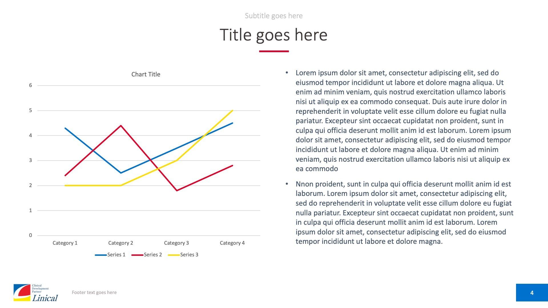 Line chart comparing Series 1, 2, and 3 across four categories, with placeholder text on the right.