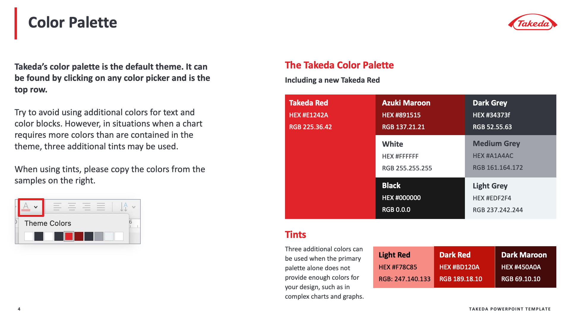 A brand guidelines slide showing a red, maroon, gray, and black color palette with hex codes for design consistency.
