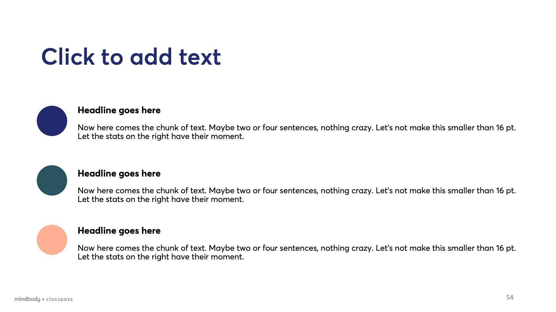 A slide template with a title and three bullet points, each marked by a colored circle (blue, teal, and peach).