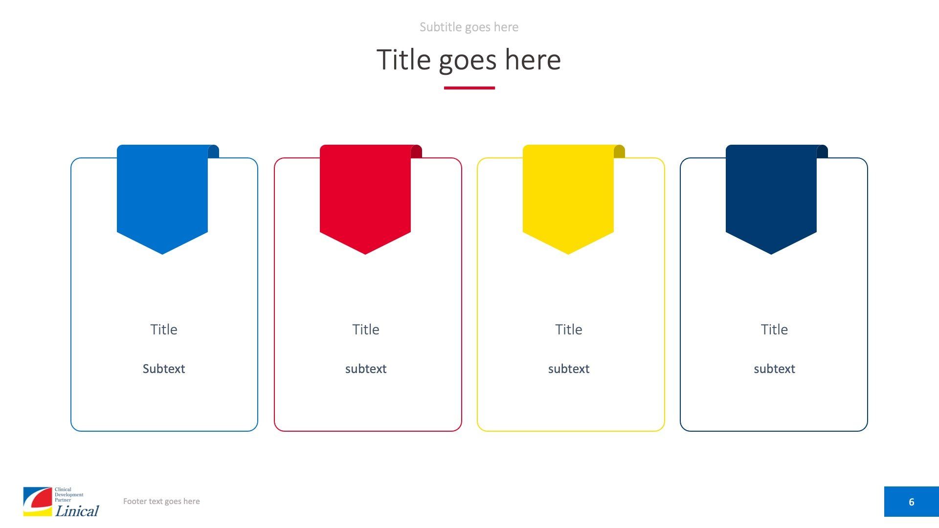 A slide template featuring four vertical rectangular text boxes with colored ribbon headers (blue, red, yellow, dark blue).