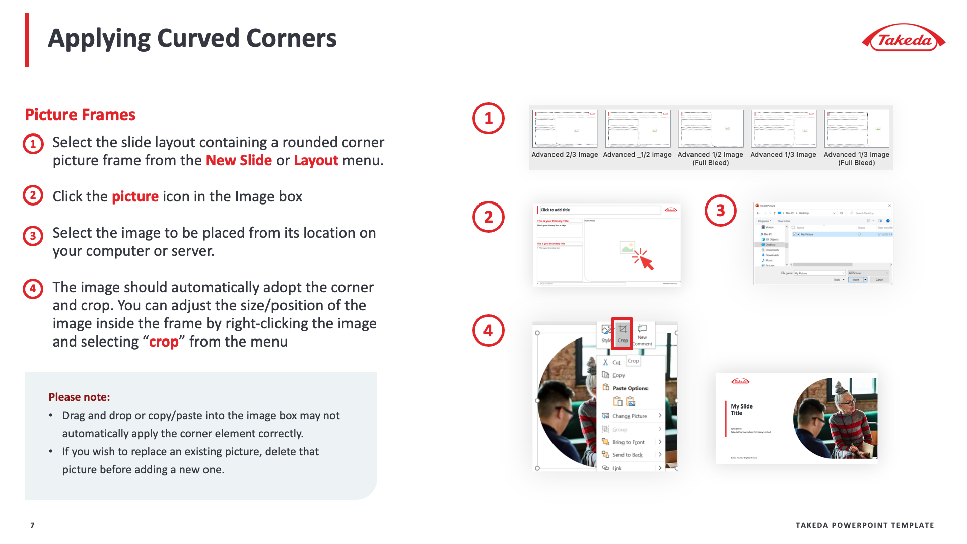 Instructional slide titled Applying Curved Corners, detailing four steps to add rounded image frames in PowerPoint.