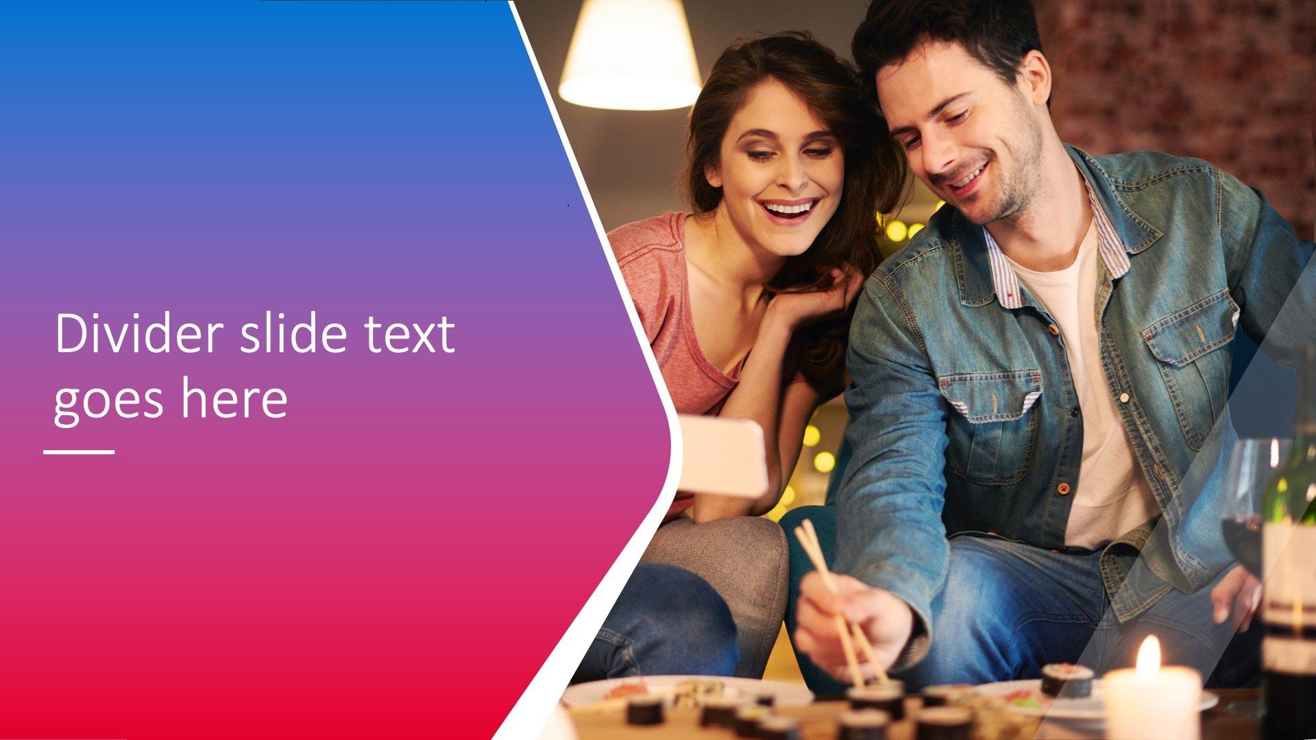 A smiling couple eating sushi in a dimly lit setting, beside a text placeholder on a blue and pink gradient background.