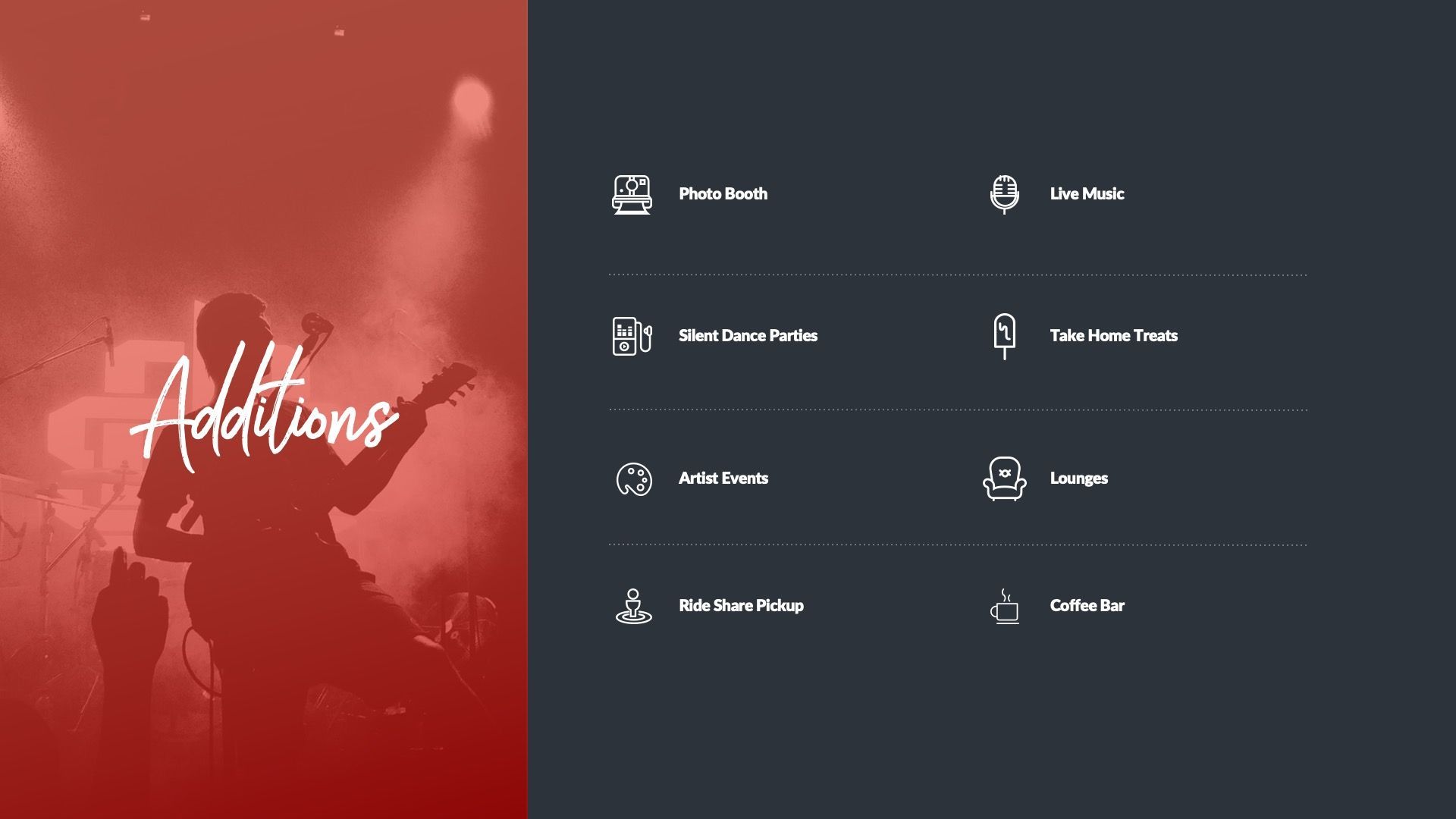 A red-toned image showing a guitarist silhouette on the left and a list of eight icon-labeled features on a dark grey background.