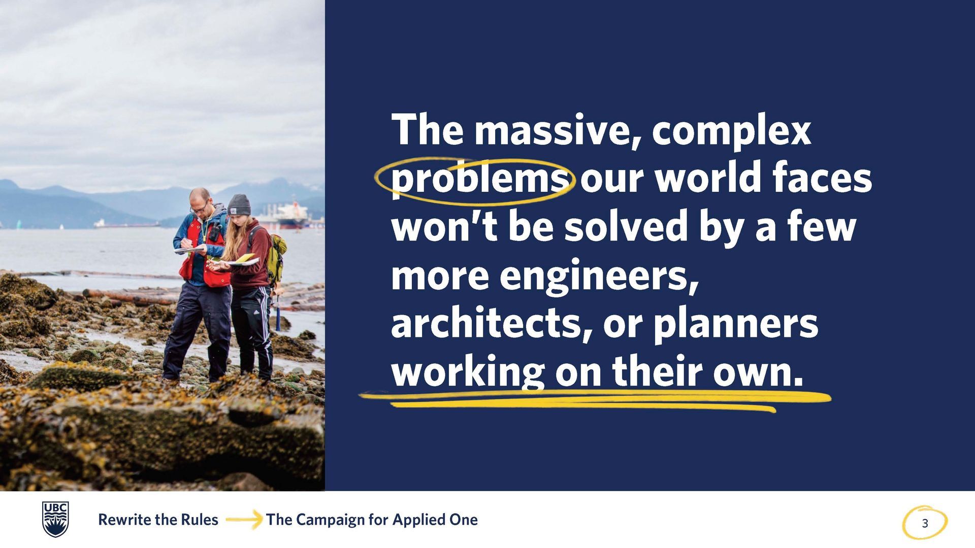 Two people stand on a rocky shore by the water, beside text arguing that complex global problems require collaboration.