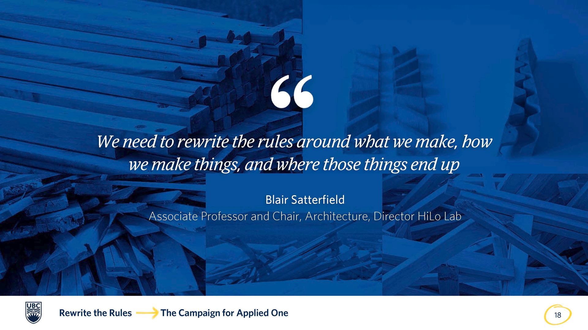 A slide with a quote about sustainable design by Blair Satterfield over a blue-toned background of timber building materials.