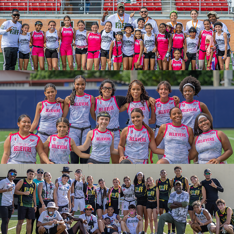 Women’s flag football teams and coaches posing on the field